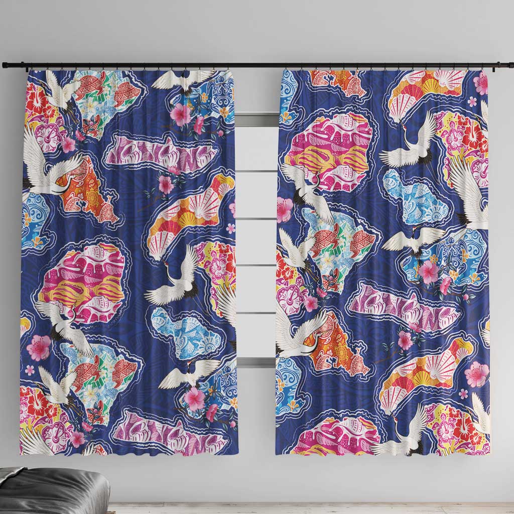 Hawaiian and Japanese Culture Together Window Curtain Hawaiian Archipelago Shape Sea Animals LT03 With Hooks Multicolor - Polynesian Pride