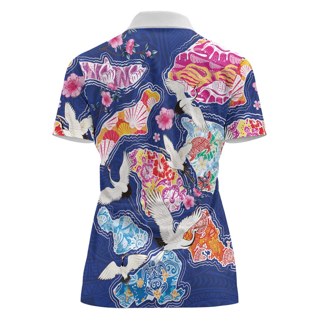 Hawaiian and Japanese Culture Together Women Polo Shirt Hawaiian Archipelago Shape Sea Animals LT03 - Polynesian Pride