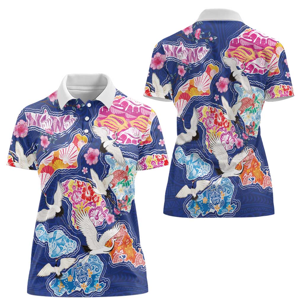 Hawaiian and Japanese Culture Together Women Polo Shirt Hawaiian Archipelago Shape Sea Animals LT03 - Polynesian Pride