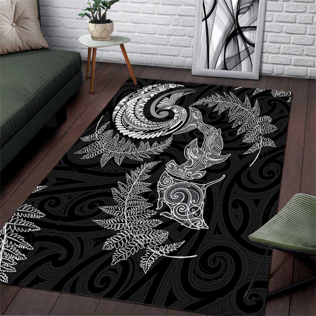 New Zealand Sea Animals with Maori Tribal Tattoo Area Rug Shark Manta Ray with Silver Fern Black LT03 Black - Polynesian Pride