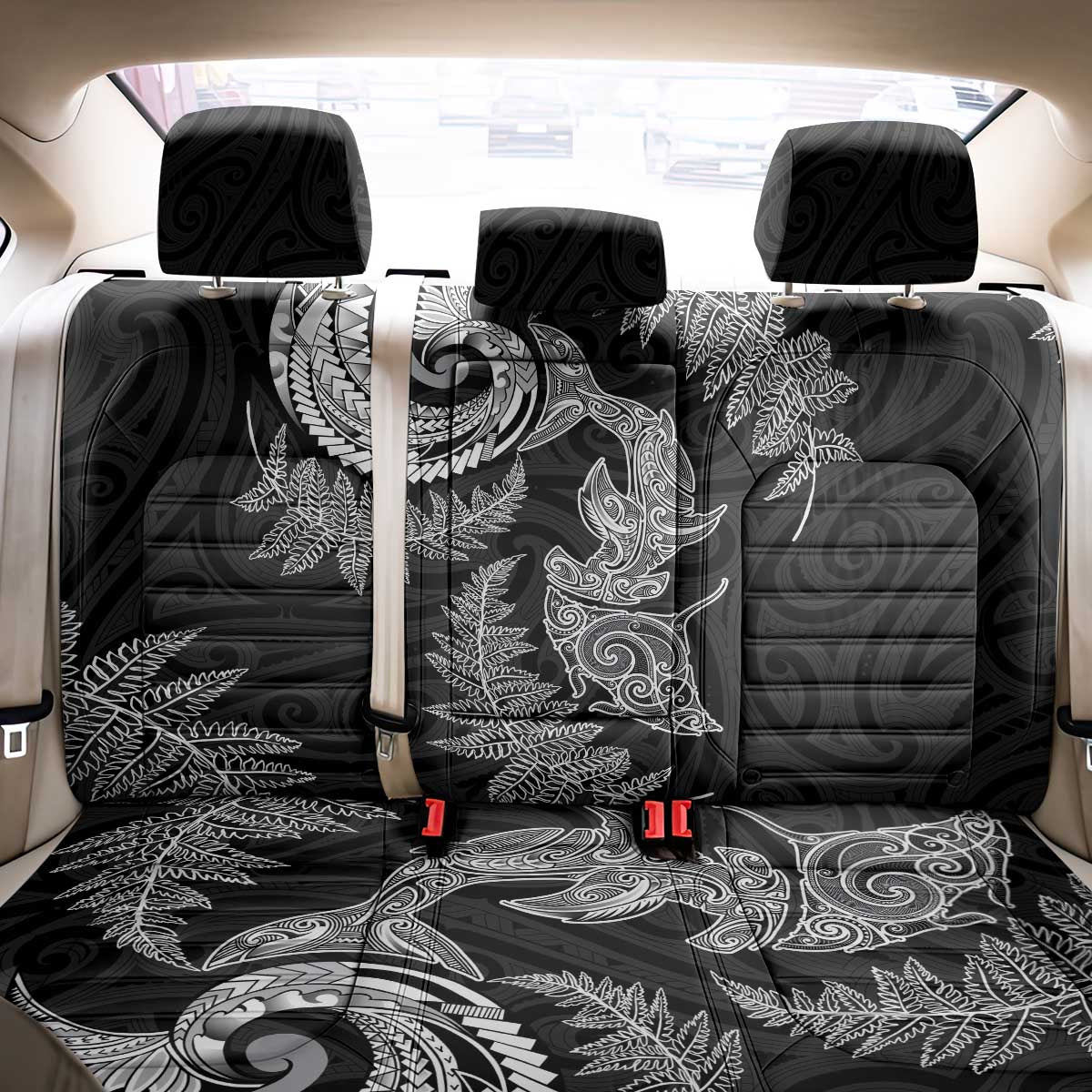 New Zealand Sea Animals with Maori Tribal Tattoo Back Car Seat Cover Shark Manta Ray with Silver Fern Black LT03 - Polynesian Pride