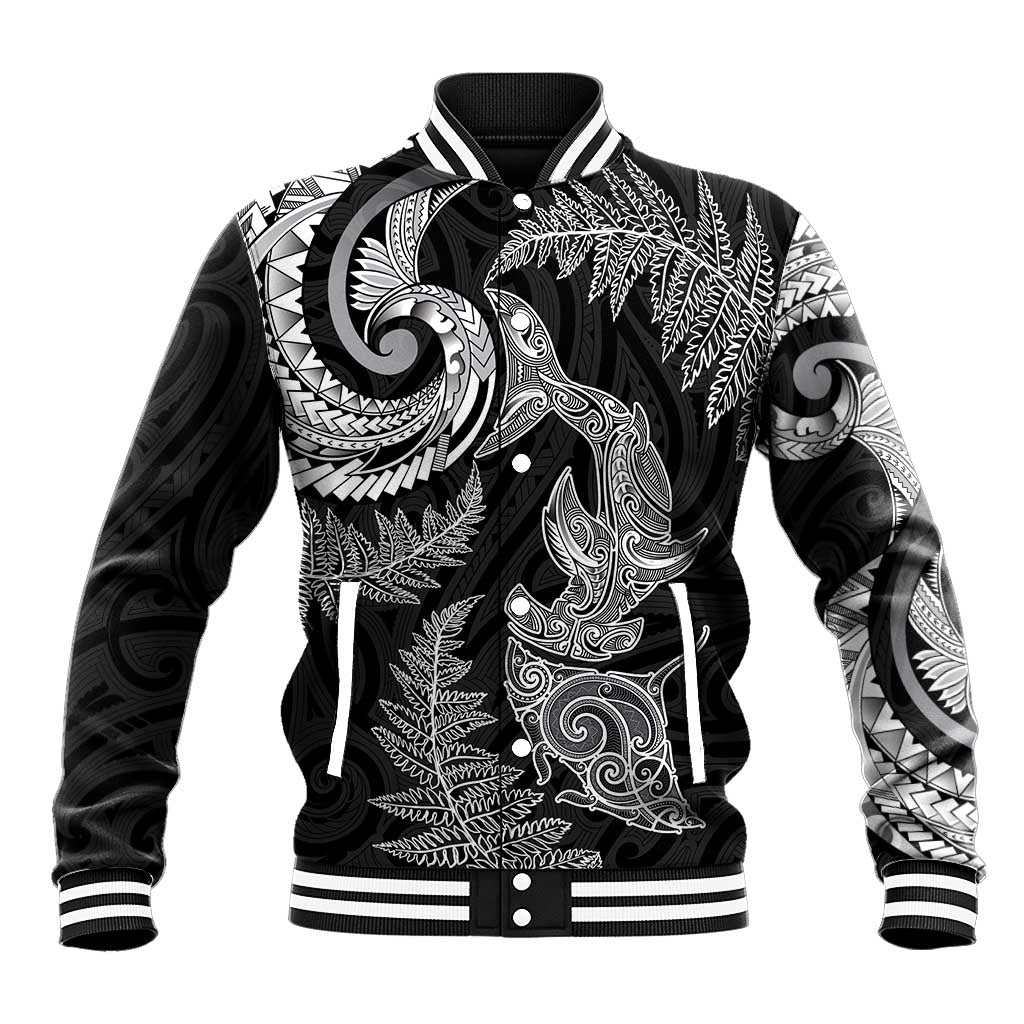 New Zealand Sea Animals with Maori Tribal Tattoo Baseball Jacket Shark Manta Ray with Silver Fern Black