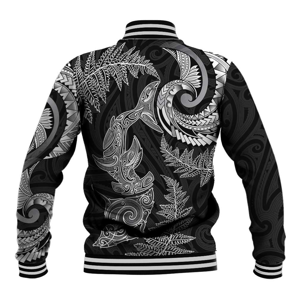 New Zealand Sea Animals with Maori Tribal Tattoo Baseball Jacket Shark Manta Ray with Silver Fern Black LT03 - Polynesian Pride