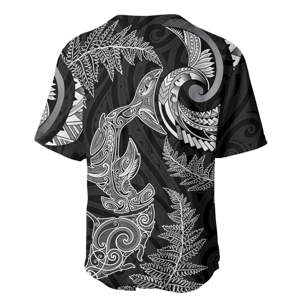 New Zealand Sea Animals with Maori Tribal Tattoo Baseball Jersey Shark Manta Ray with Silver Fern Black LT03 - Polynesian Pride