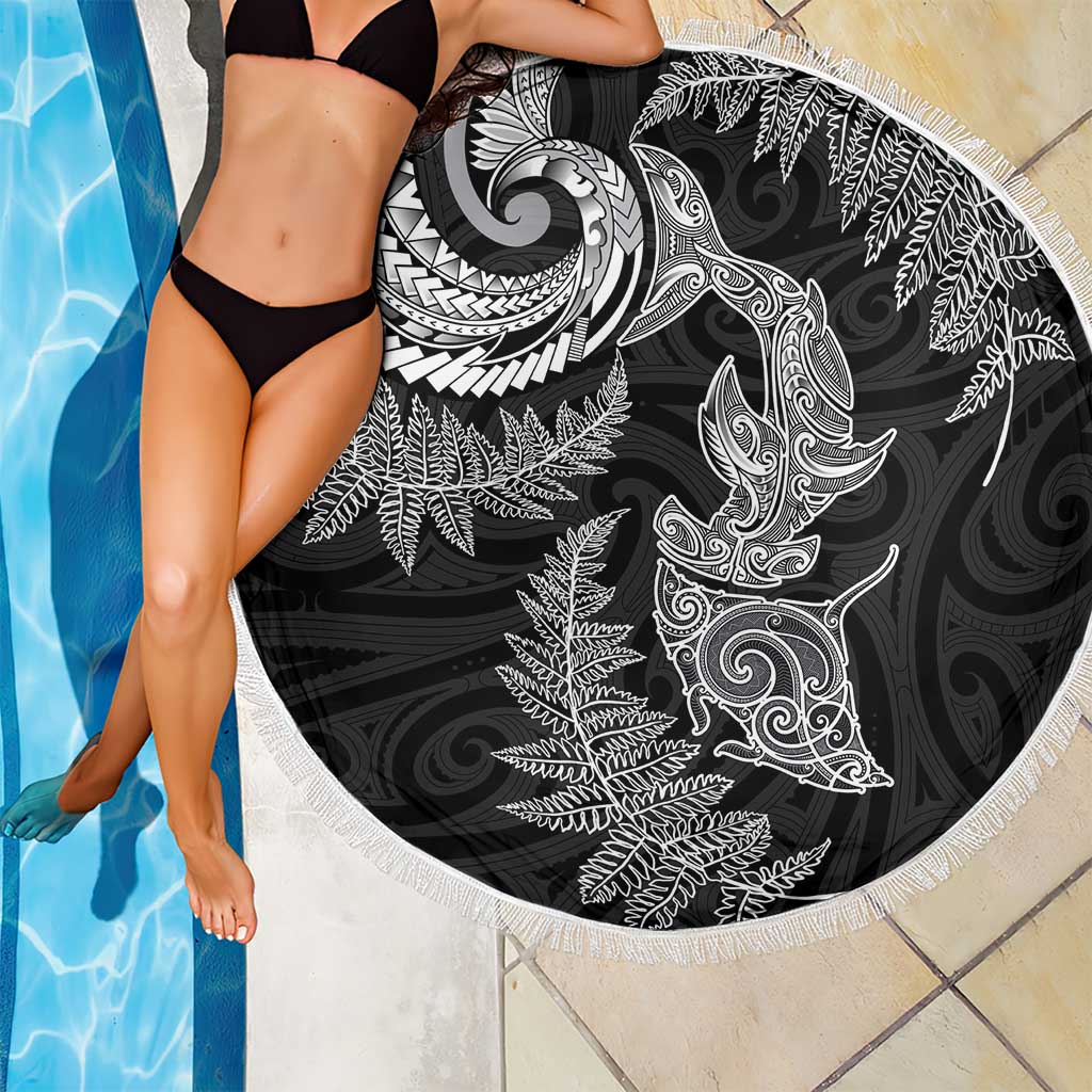 New Zealand Sea Animals with Maori Tribal Tattoo Beach Blanket Shark Manta Ray with Silver Fern Black LT03 - Polynesian Pride