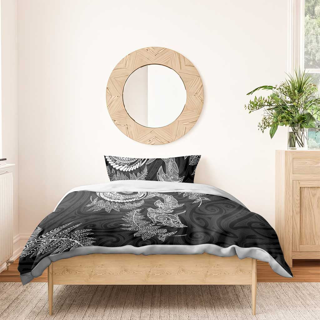 New Zealand Sea Animals with Maori Tribal Tattoo Bedding Set Shark Manta Ray with Silver Fern Black LT03 - Polynesian Pride