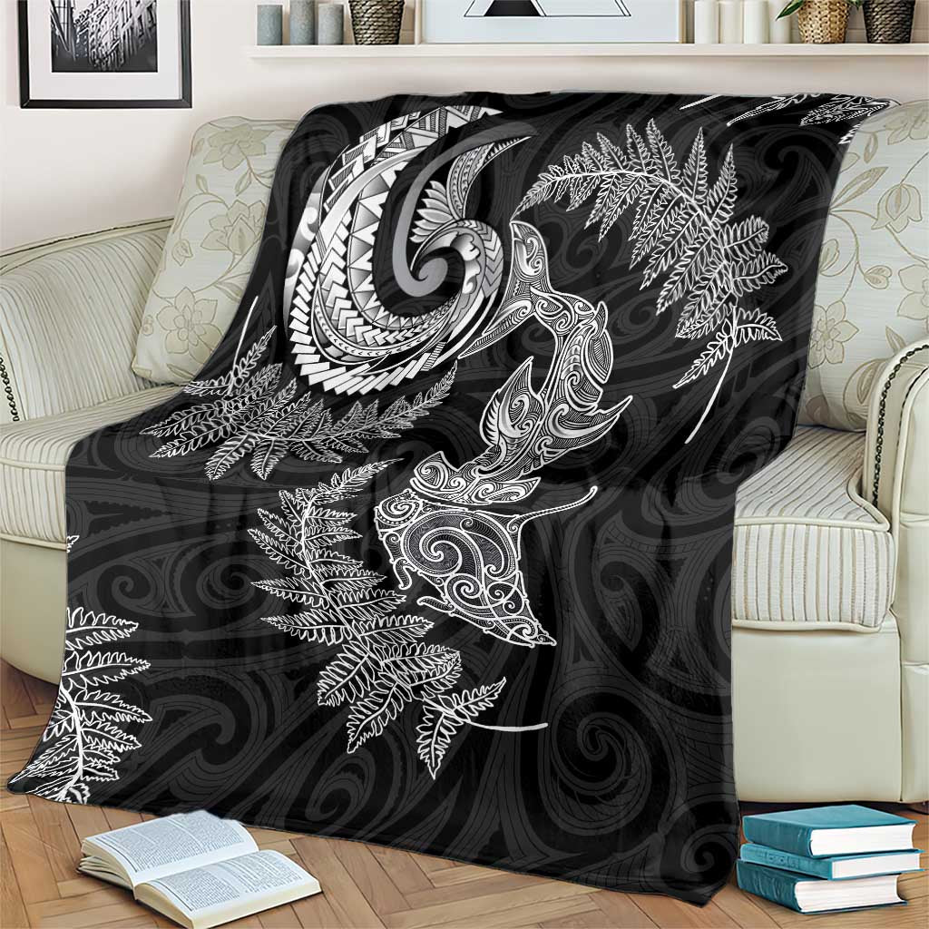New Zealand Sea Animals with Maori Tribal Tattoo Blanket Shark Manta Ray with Silver Fern Black LT03 - Polynesian Pride