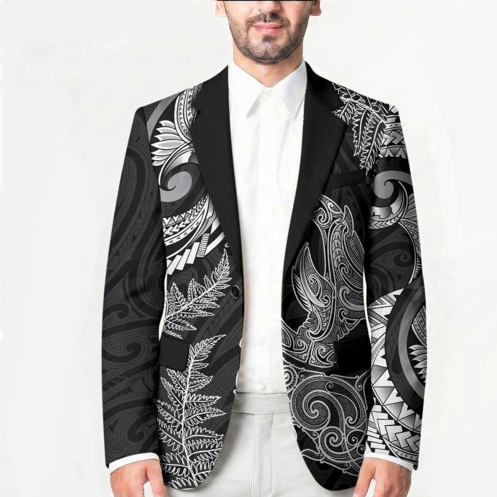 New Zealand Sea Animals with Maori Tribal Tattoo Blazer Shark Manta Ray with Silver Fern Black LT03 - Polynesian Pride