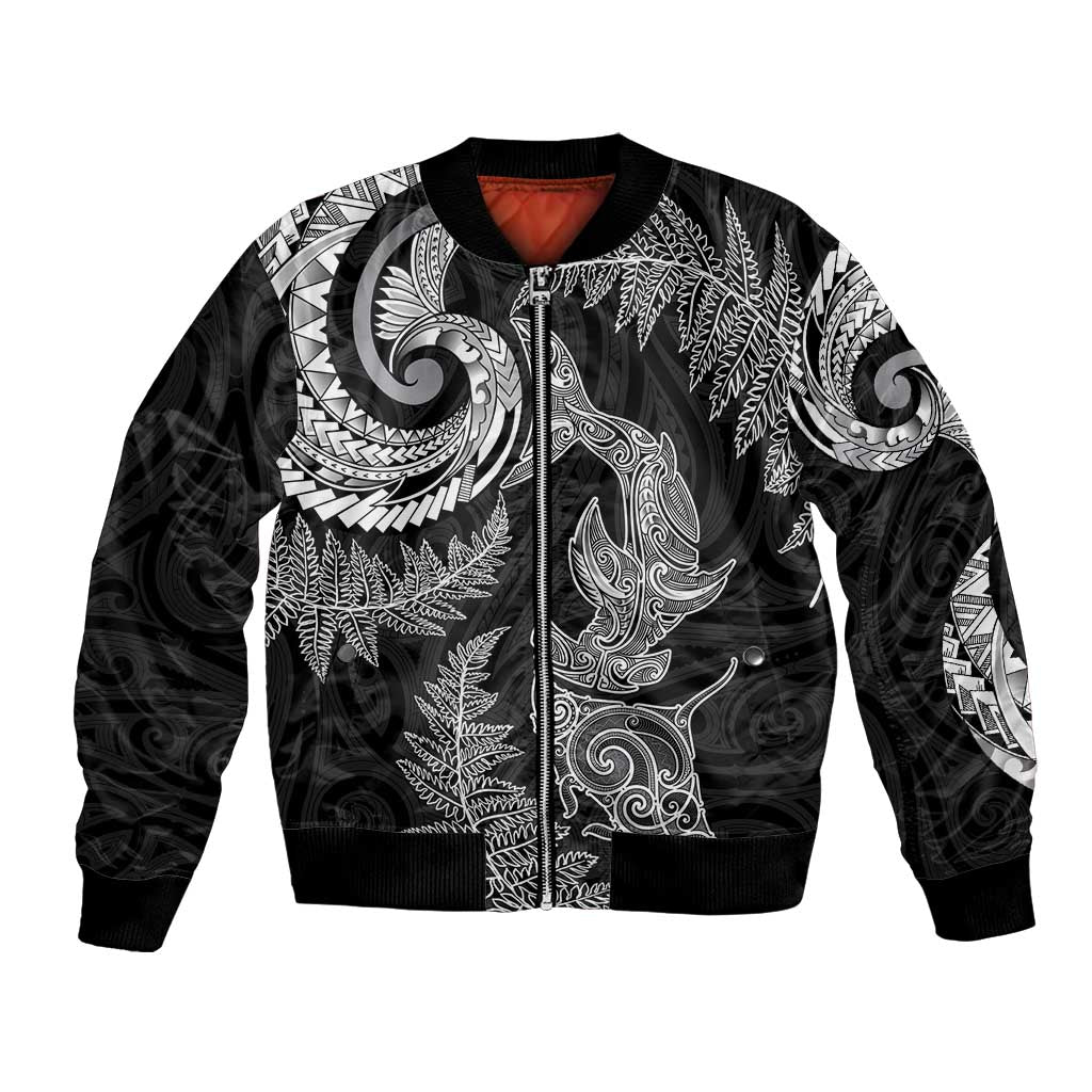 New Zealand Sea Animals with Maori Tribal Tattoo Bomber Jacket Shark Manta Ray with Silver Fern Black LT03 Unisex Black - Polynesian Pride