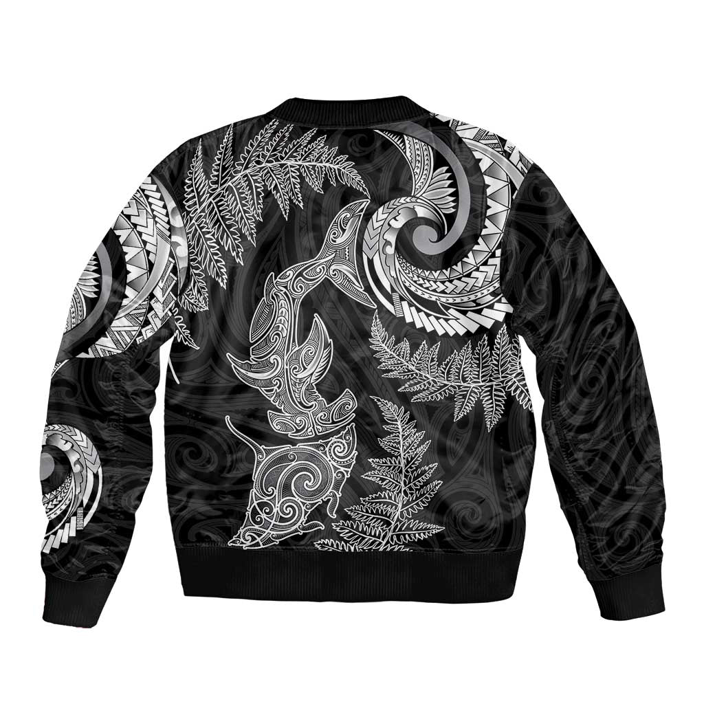 New Zealand Sea Animals with Maori Tribal Tattoo Bomber Jacket Shark Manta Ray with Silver Fern Black LT03 - Polynesian Pride