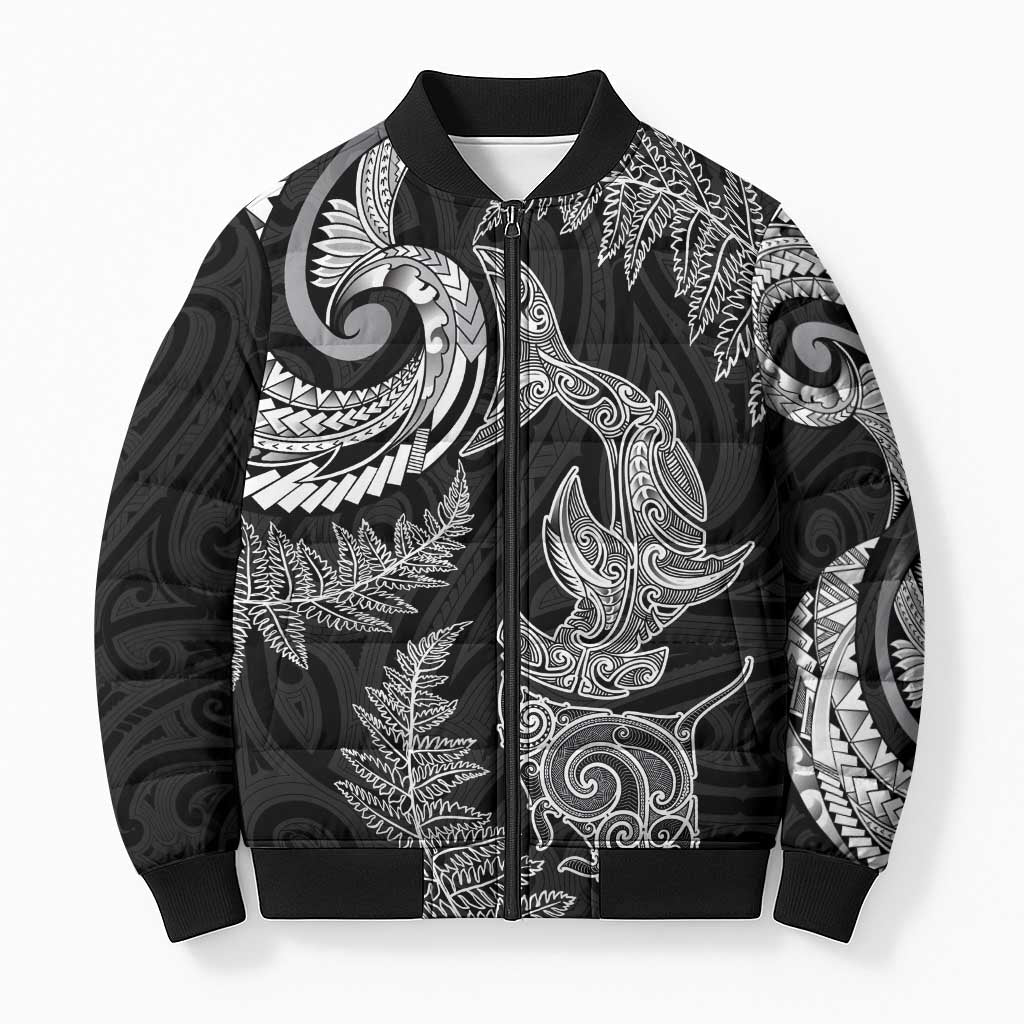 New Zealand Sea Animals with Maori Tribal Tattoo Bomber Puffer Jacket Shark Manta Ray with Silver Fern Black