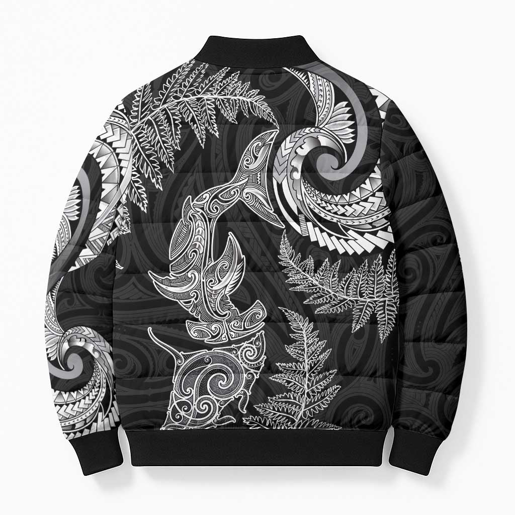 New Zealand Sea Animals with Maori Tribal Tattoo Bomber Puffer Jacket Shark Manta Ray with Silver Fern Black LT03 - Polynesian Pride