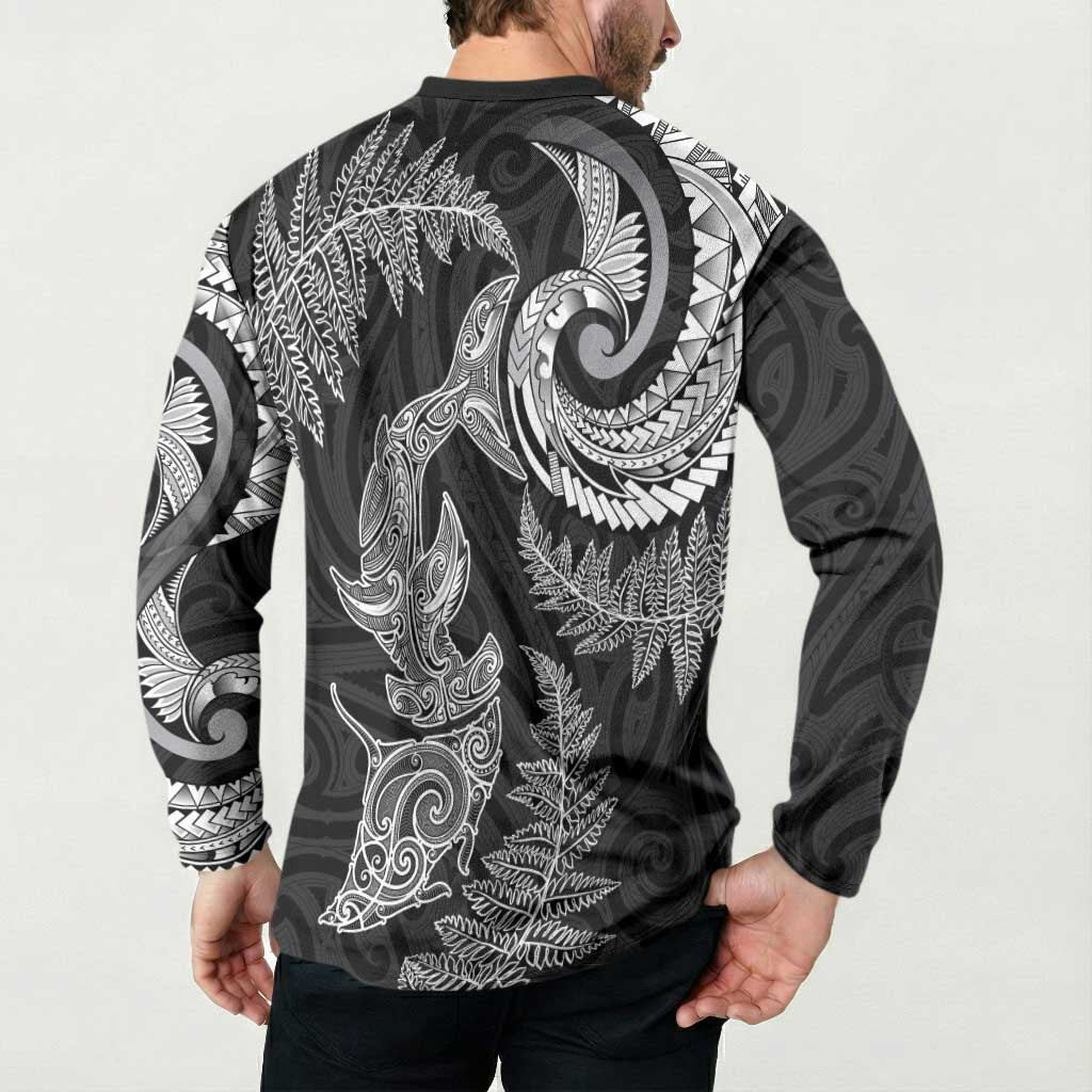 New Zealand Sea Animals with Maori Tribal Tattoo Button Sweatshirt Shark Manta Ray with Silver Fern Black LT03 - Polynesian Pride