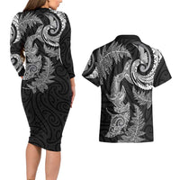 New Zealand Sea Animals with Maori Tribal Tattoo Couples Matching Long Sleeve Bodycon Dress and Hawaiian Shirt Shark Manta Ray with Silver Fern Black LT03 - Polynesian Pride