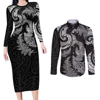 New Zealand Sea Animals with Maori Tribal Tattoo Couples Matching Long Sleeve Bodycon Dress and Long Sleeve Button Shirt Shark Manta Ray with Silver Fern Black LT03 Black - Polynesian Pride