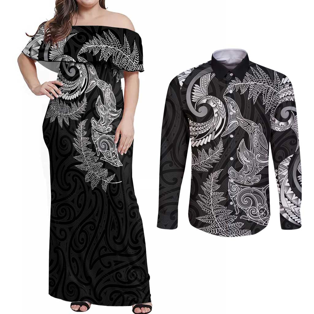 New Zealand Sea Animals with Maori Tribal Tattoo Couples Matching Off Shoulder Maxi Dress and Long Sleeve Button Shirt Shark Manta Ray with Silver Fern Black LT03 Black - Polynesian Pride