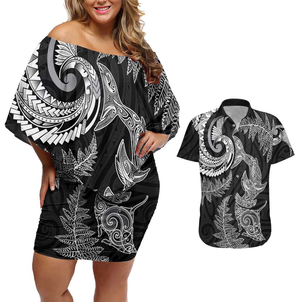 New Zealand Sea Animals with Maori Tribal Tattoo Couples Matching Off Shoulder Short Dress and Hawaiian Shirt Shark Manta Ray with Silver Fern Black LT03 Black - Polynesian Pride