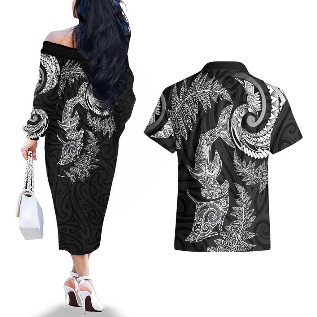 New Zealand Sea Animals with Maori Tribal Tattoo Couples Matching Off The Shoulder Long Sleeve Dress and Hawaiian Shirt Shark Manta Ray with Silver Fern Black LT03 - Polynesian Pride