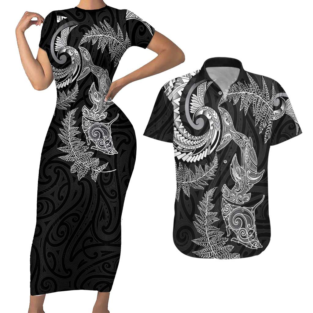 New Zealand Sea Animals with Maori Tribal Tattoo Couples Matching Short Sleeve Bodycon Dress and Hawaiian Shirt Shark Manta Ray with Silver Fern Black LT03 Black - Polynesian Pride