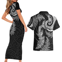 New Zealand Sea Animals with Maori Tribal Tattoo Couples Matching Short Sleeve Bodycon Dress and Hawaiian Shirt Shark Manta Ray with Silver Fern Black LT03 - Polynesian Pride