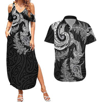 New Zealand Sea Animals with Maori Tribal Tattoo Couples Matching Summer Maxi Dress and Hawaiian Shirt Shark Manta Ray with Silver Fern Black LT03 Black - Polynesian Pride