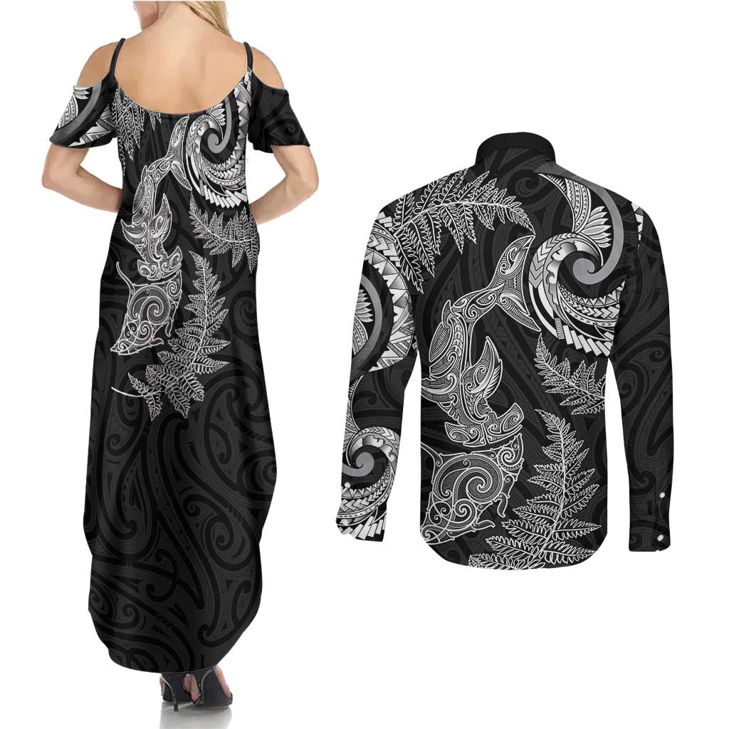 New Zealand Sea Animals with Maori Tribal Tattoo Couples Matching Summer Maxi Dress and Long Sleeve Button Shirt Shark Manta Ray with Silver Fern Black LT03 - Polynesian Pride