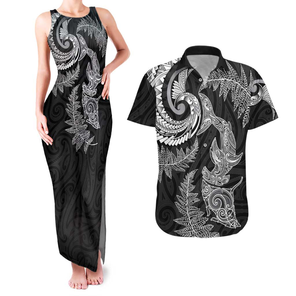 New Zealand Sea Animals with Maori Tribal Tattoo Couples Matching Tank Maxi Dress and Hawaiian Shirt Shark Manta Ray with Silver Fern Black LT03 Black - Polynesian Pride