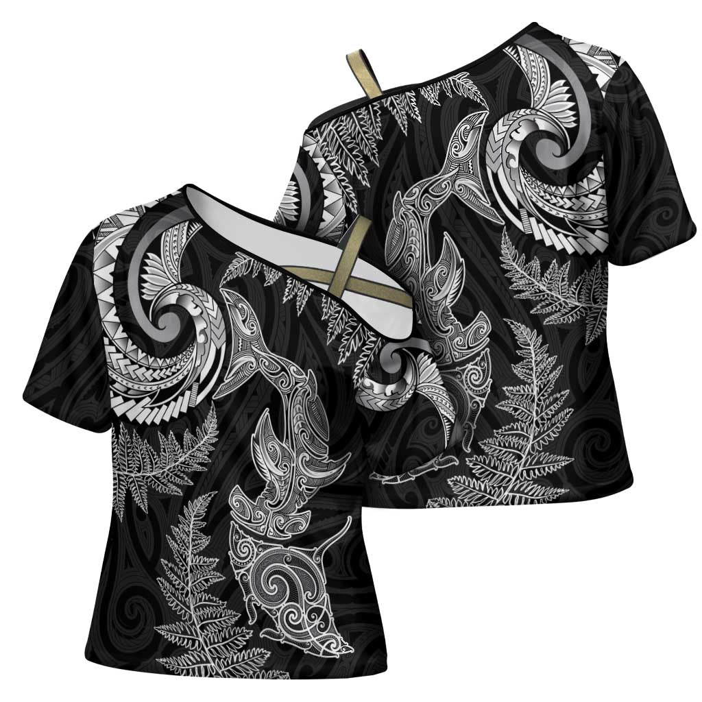 New Zealand Sea Animals with Maori Tribal Tattoo Cross Shoulder Shirt Shark Manta Ray with Silver Fern Black LT03 - Polynesian Pride