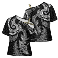 New Zealand Sea Animals with Maori Tribal Tattoo Cross Shoulder Shirt Shark Manta Ray with Silver Fern Black LT03 - Polynesian Pride