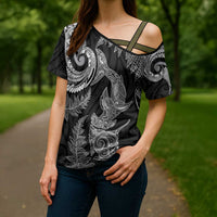 New Zealand Sea Animals with Maori Tribal Tattoo Cross Shoulder Shirt Shark Manta Ray with Silver Fern Black LT03 - Polynesian Pride