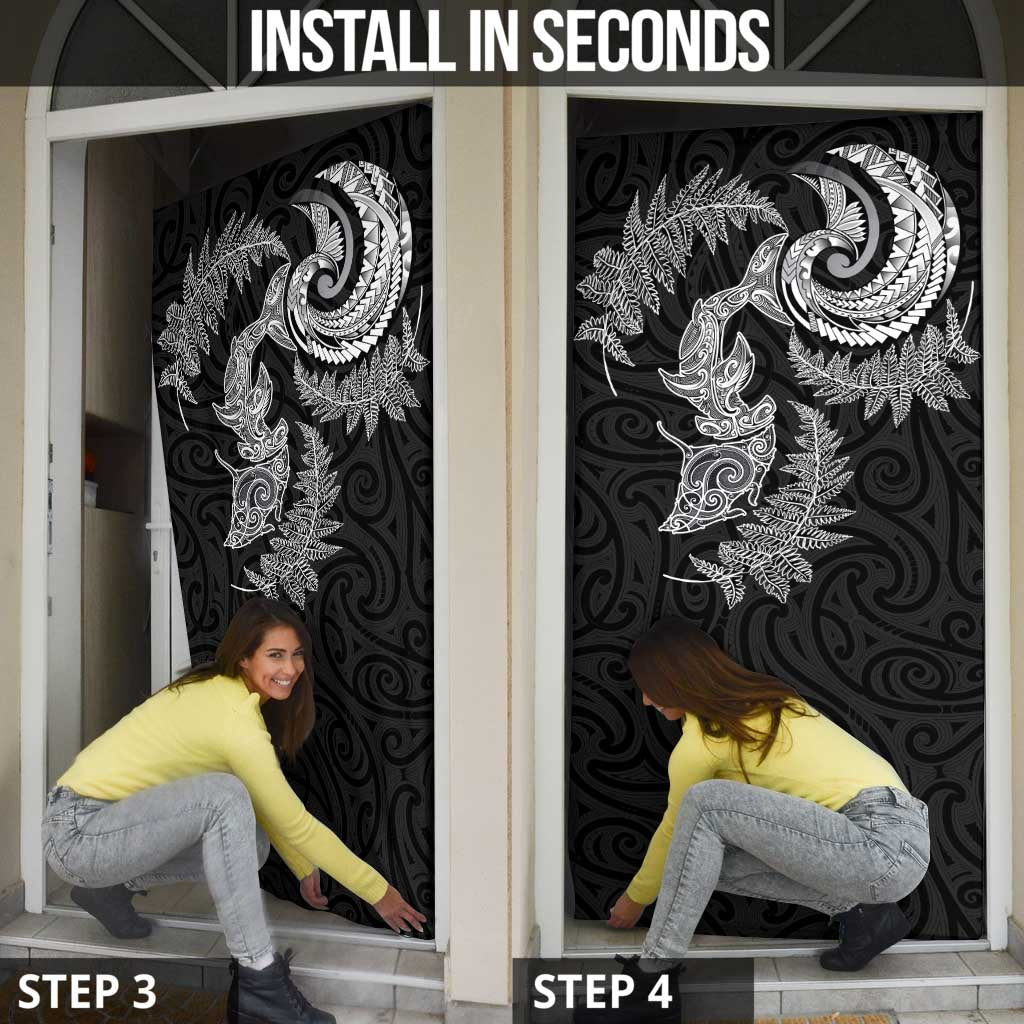 New Zealand Sea Animals with Maori Tribal Tattoo Door Cover Shark Manta Ray with Silver Fern Black LT03 - Polynesian Pride