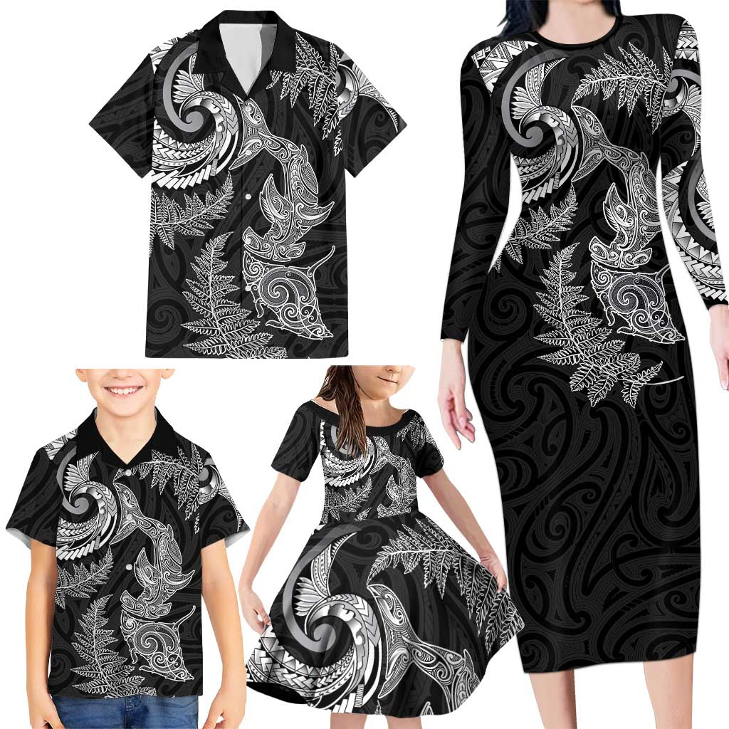 New Zealand Sea Animals with Maori Tribal Tattoo Family Matching Long Sleeve Bodycon Dress and Hawaiian Shirt Shark Manta Ray with Silver Fern Black LT03 - Polynesian Pride