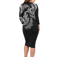 New Zealand Sea Animals with Maori Tribal Tattoo Family Matching Long Sleeve Bodycon Dress and Hawaiian Shirt Shark Manta Ray with Silver Fern Black LT03 - Polynesian Pride