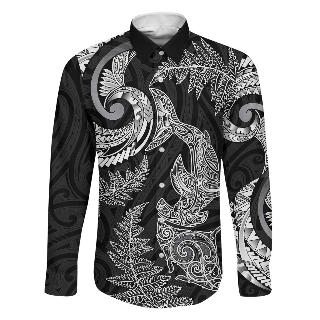 New Zealand Sea Animals with Maori Tribal Tattoo Family Matching Mermaid Dress and Hawaiian Shirt Shark Manta Ray with Silver Fern Black LT03 Dad's Shirt - Long Sleeve Black - Polynesian Pride
