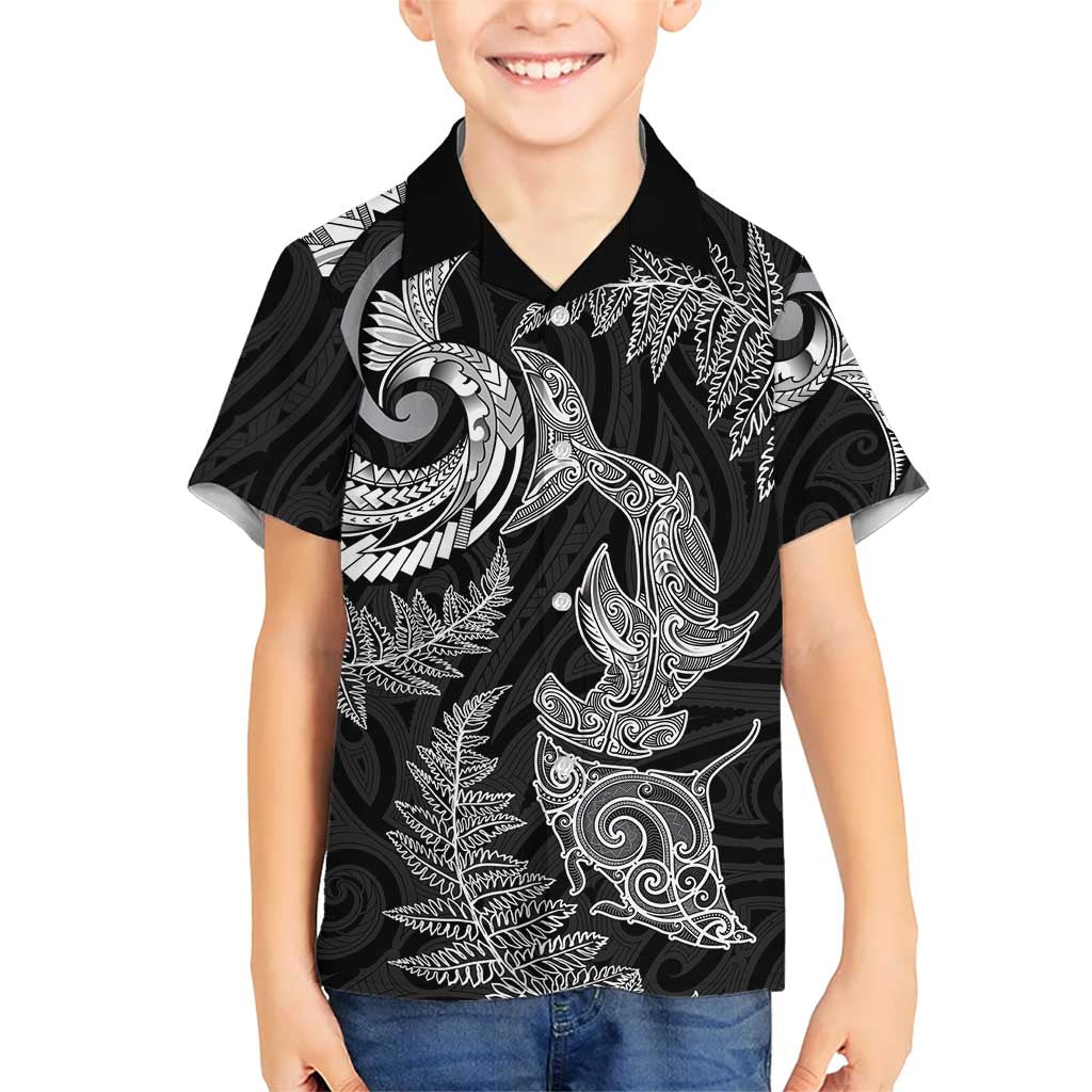 New Zealand Sea Animals with Maori Tribal Tattoo Family Matching Mermaid Dress and Hawaiian Shirt Shark Manta Ray with Silver Fern Black LT03 Son's Shirt Black - Polynesian Pride