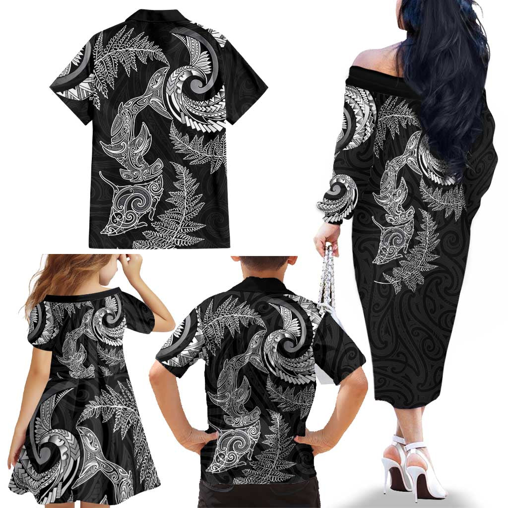 New Zealand Sea Animals with Maori Tribal Tattoo Family Matching Off The Shoulder Long Sleeve Dress and Hawaiian Shirt Shark Manta Ray with Silver Fern Black LT03 - Polynesian Pride