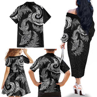 New Zealand Sea Animals with Maori Tribal Tattoo Family Matching Off The Shoulder Long Sleeve Dress and Hawaiian Shirt Shark Manta Ray with Silver Fern Black LT03 - Polynesian Pride