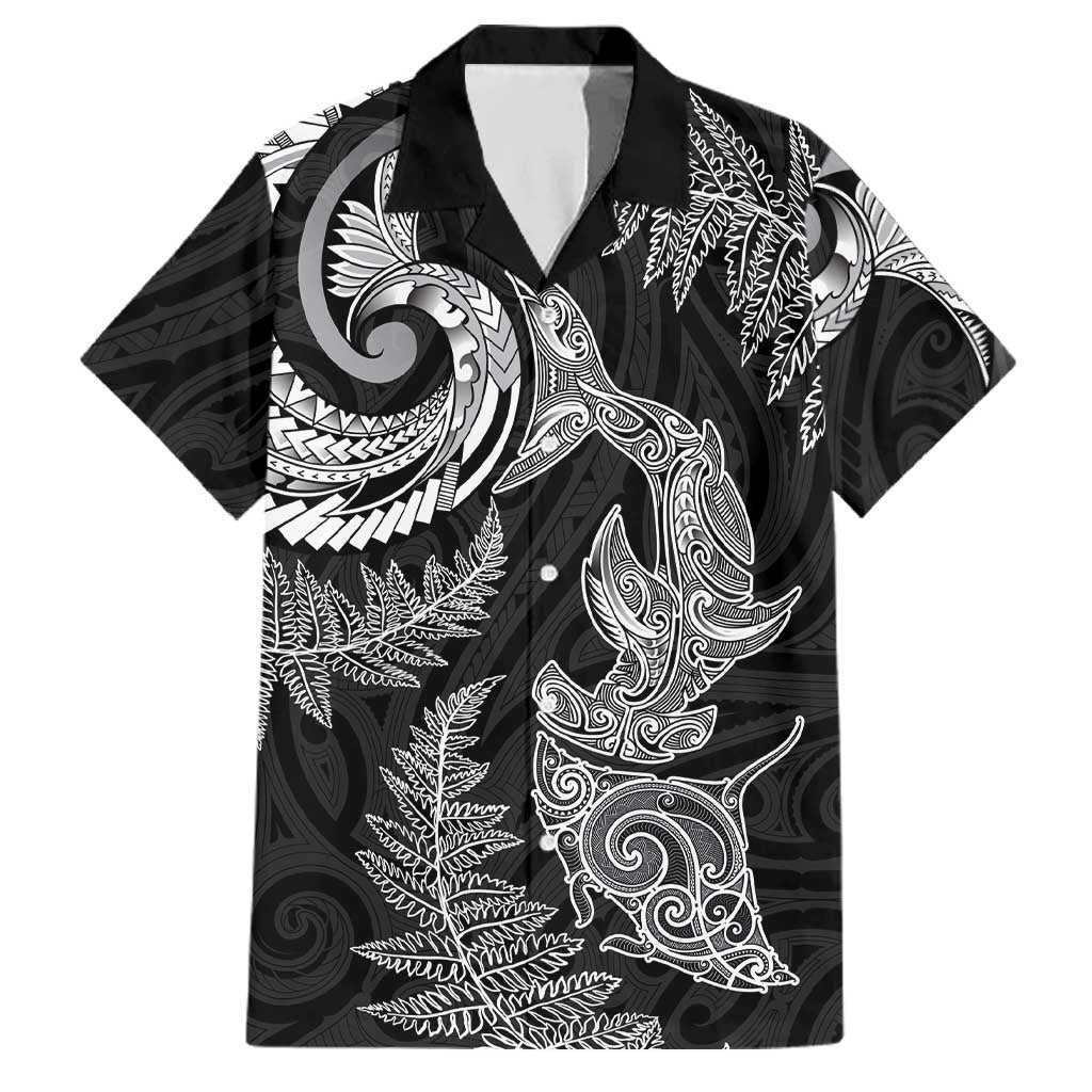 New Zealand Sea Animals with Maori Tribal Tattoo Family Matching Off The Shoulder Long Sleeve Dress and Hawaiian Shirt Shark Manta Ray with Silver Fern Black LT03 Dad's Shirt - Short Sleeve Black - Polynesian Pride