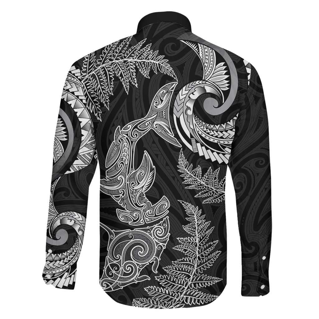 New Zealand Sea Animals with Maori Tribal Tattoo Family Matching Off The Shoulder Long Sleeve Dress and Hawaiian Shirt Shark Manta Ray with Silver Fern Black LT03 - Polynesian Pride