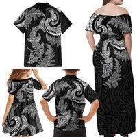 New Zealand Sea Animals with Maori Tribal Tattoo Family Matching Off Shoulder Maxi Dress and Hawaiian Shirt Shark Manta Ray with Silver Fern Black LT03 - Polynesian Pride