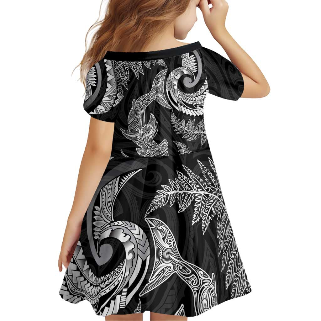 New Zealand Sea Animals with Maori Tribal Tattoo Family Matching Puletasi and Hawaiian Shirt Shark Manta Ray with Silver Fern Black LT03 - Polynesian Pride