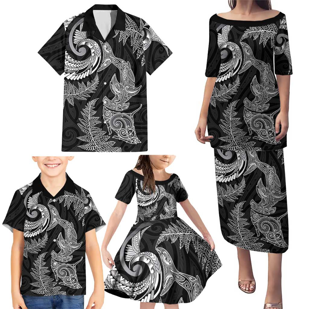 New Zealand Sea Animals with Maori Tribal Tattoo Family Matching Puletasi and Hawaiian Shirt Shark Manta Ray with Silver Fern Black LT03 - Polynesian Pride