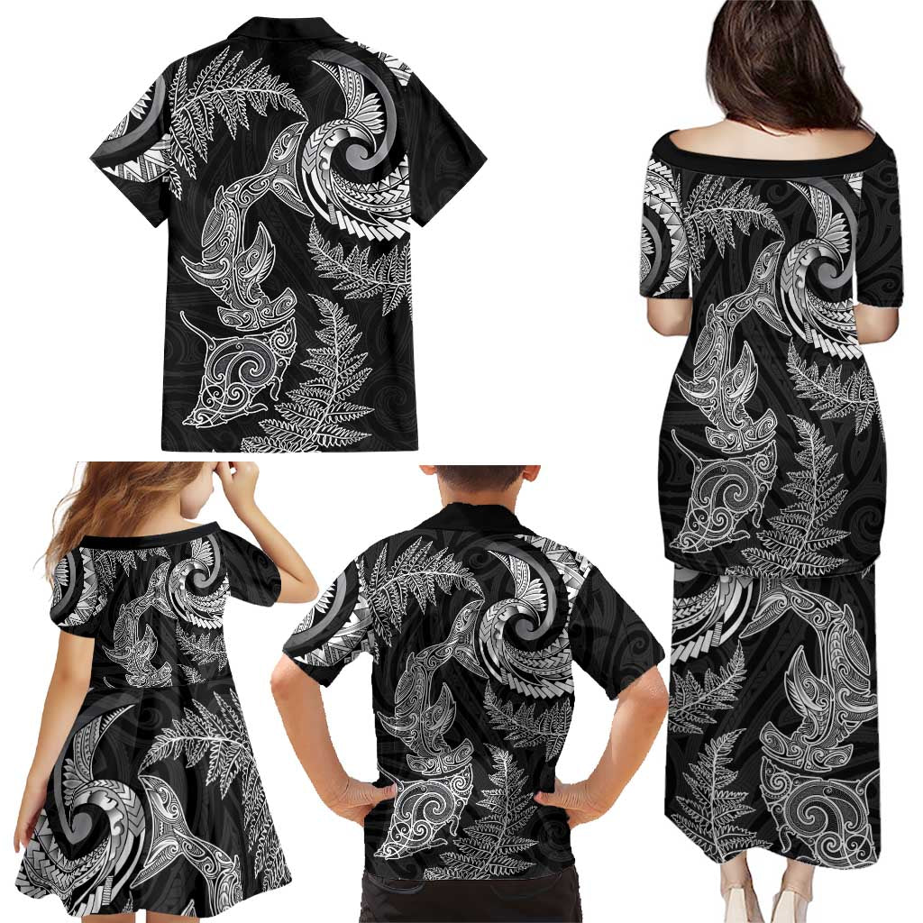 New Zealand Sea Animals with Maori Tribal Tattoo Family Matching Puletasi and Hawaiian Shirt Shark Manta Ray with Silver Fern Black LT03 - Polynesian Pride