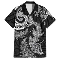New Zealand Sea Animals with Maori Tribal Tattoo Family Matching Puletasi and Hawaiian Shirt Shark Manta Ray with Silver Fern Black LT03 Dad's Shirt - Short Sleeve Black - Polynesian Pride