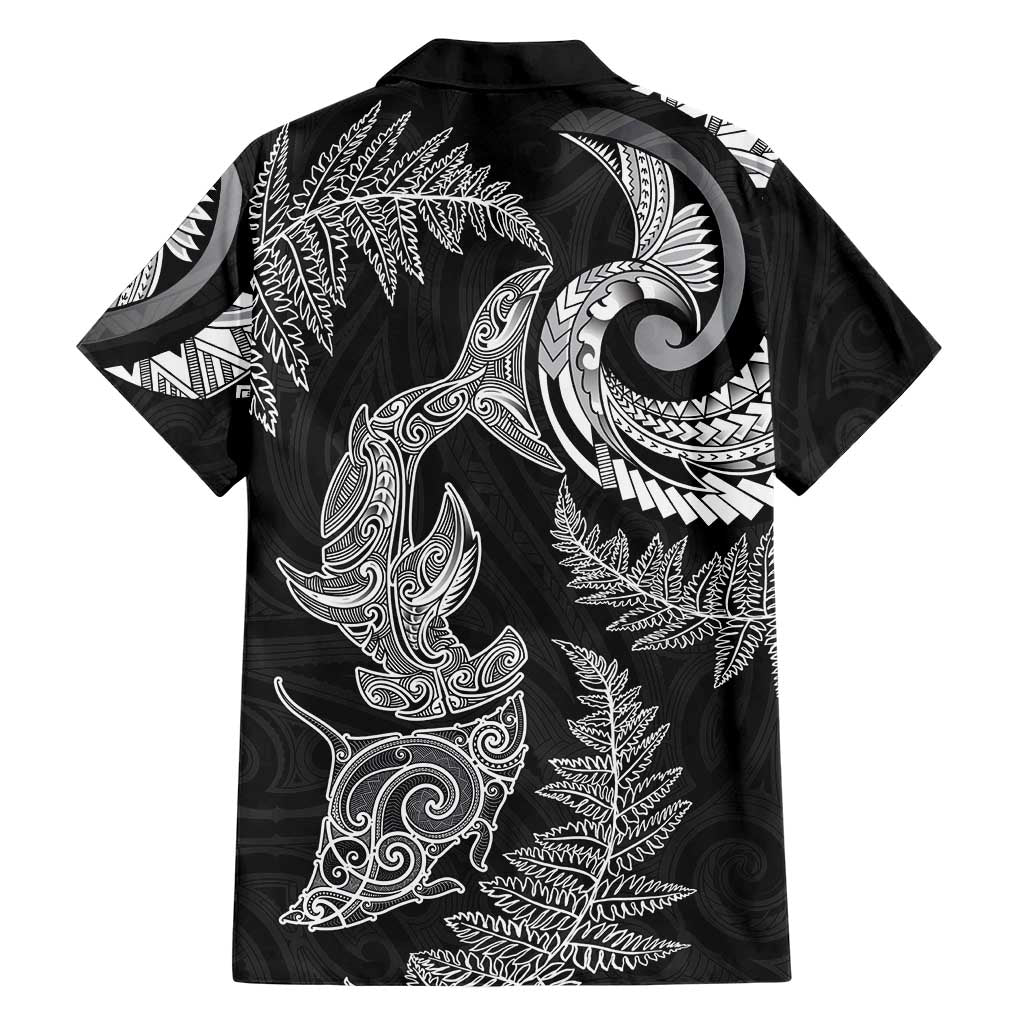 New Zealand Sea Animals with Maori Tribal Tattoo Family Matching Puletasi and Hawaiian Shirt Shark Manta Ray with Silver Fern Black LT03 - Polynesian Pride