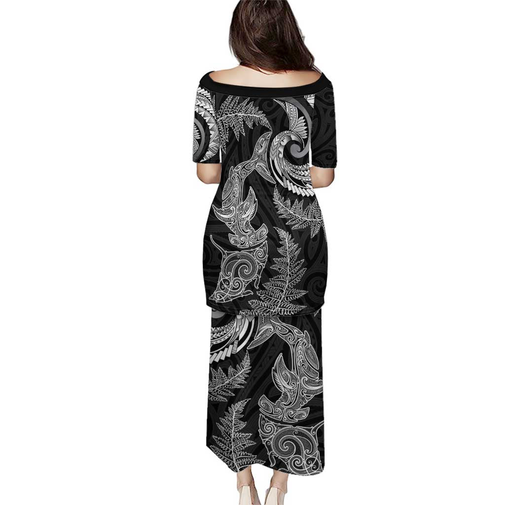 New Zealand Sea Animals with Maori Tribal Tattoo Family Matching Puletasi and Hawaiian Shirt Shark Manta Ray with Silver Fern Black LT03 - Polynesian Pride