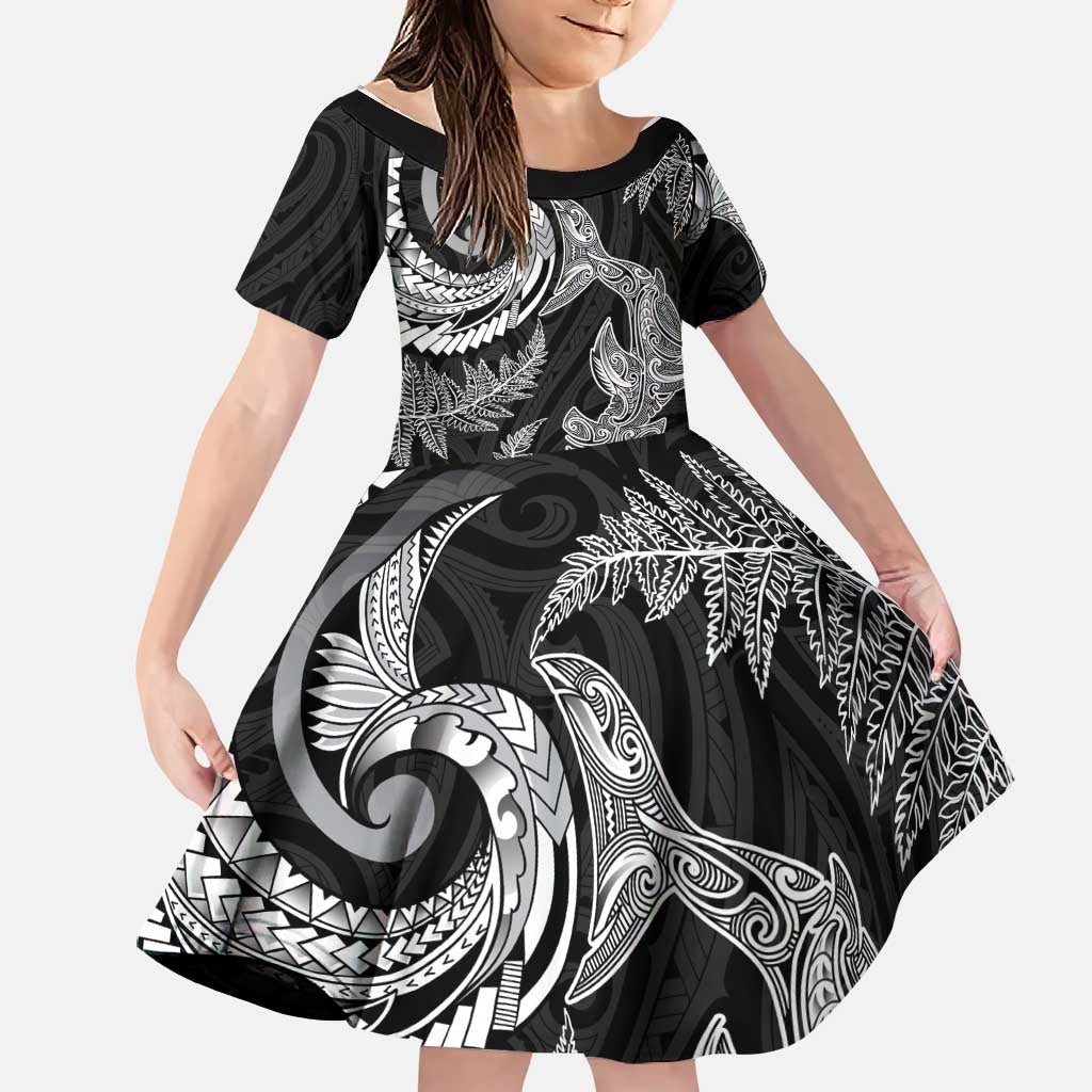 New Zealand Sea Animals with Maori Tribal Tattoo Family Matching Short Sleeve Bodycon Dress and Hawaiian Shirt Shark Manta Ray with Silver Fern Black LT03 Daughter's Dress Black - Polynesian Pride
