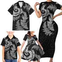 New Zealand Sea Animals with Maori Tribal Tattoo Family Matching Short Sleeve Bodycon Dress and Hawaiian Shirt Shark Manta Ray with Silver Fern Black LT03 - Polynesian Pride