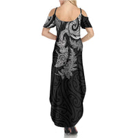 New Zealand Sea Animals with Maori Tribal Tattoo Family Matching Summer Maxi Dress and Hawaiian Shirt Shark Manta Ray with Silver Fern Black LT03 - Polynesian Pride