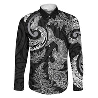 New Zealand Sea Animals with Maori Tribal Tattoo Family Matching Tank Maxi Dress and Hawaiian Shirt Shark Manta Ray with Silver Fern Black LT03 Dad's Shirt - Long Sleeve Black - Polynesian Pride